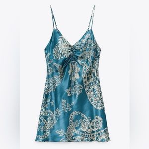 Zara Satin Effect Print Dress, Blue/White, Size Medium, Like New Condition!